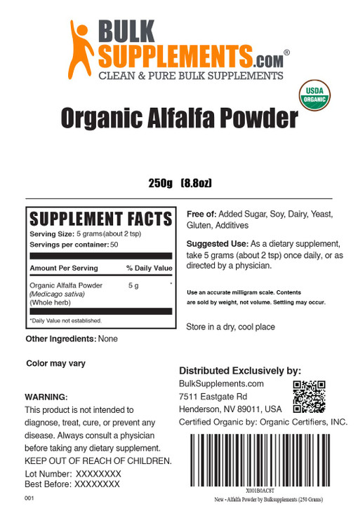 BulkSupplements.com Organic Alfalfa Grass Powder - Alfalfa Supplement, Green Superfood Powder - Vegan & Gluten Free, 5g per Serving, 250g (8.8 oz) (P
