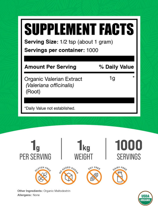 BulkSupplements.com Organic Valerian Extract Powder - Sourced from Valerian Root, Herbal Supplement - Gluten Free, 1g per Serving, 1kg (2.2 lbs) (Pac