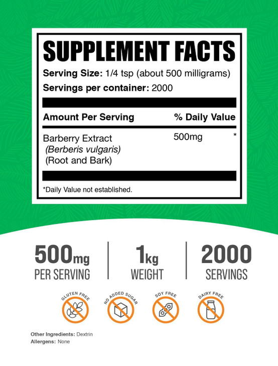 BulkSupplements.com Barberry Extract Powder - Barberry Sypplement, Herbal Supplement - Vegan & Gluten Free, 500mg per Serving, 1kg (2.2 lbs) (Pack of