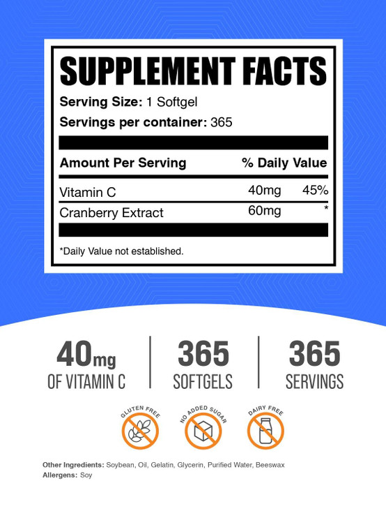 BulkSupplements.com Cranberry with Vitamin C Softgels - Antioxidants Supplement, 40mg of Vitamin C - Gluten Free, 1 Softgel per Serving, 365 Count (P