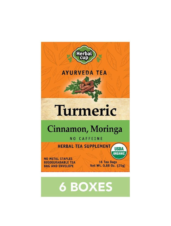 Herbal Cup Ayurveda Turmeric Tea, Organic Cinnamon Moringa, No Caffeine Herbal Supplement (16 Count, Pack of 6)
