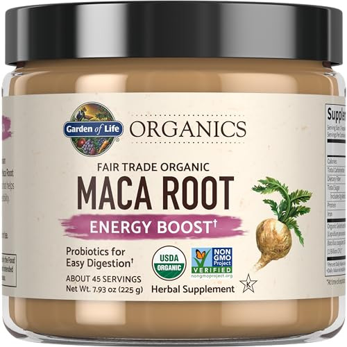 Garden of Life Organics Fair Trade Gelatinized Peruvian Maca Root Energy Boost 7.93 oz (225g) Powder with Probiotics, Certified Organic, Non-GMO, Veg