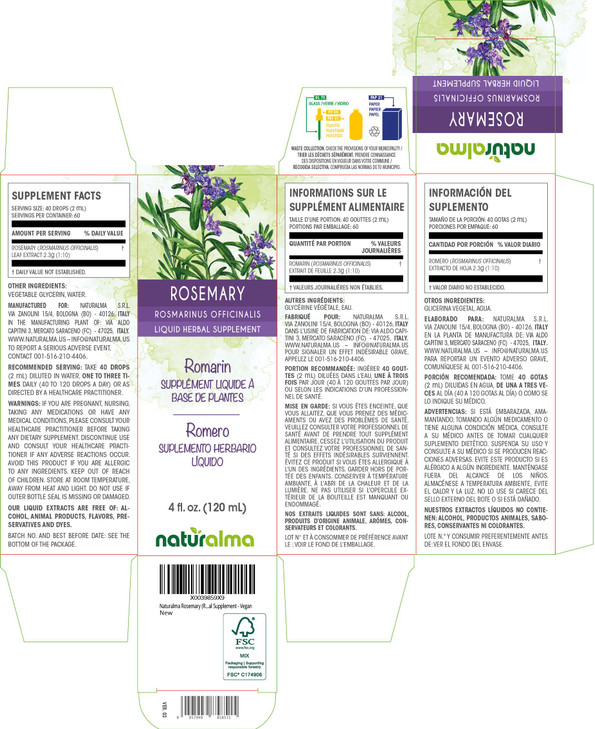 Naturalma Rosemary (Rosmarinus officinalis) Leaf Alcohol-Free Tincture - 4 fl oz Liquid Extract in Drops - Herbal Supplement - Vegan