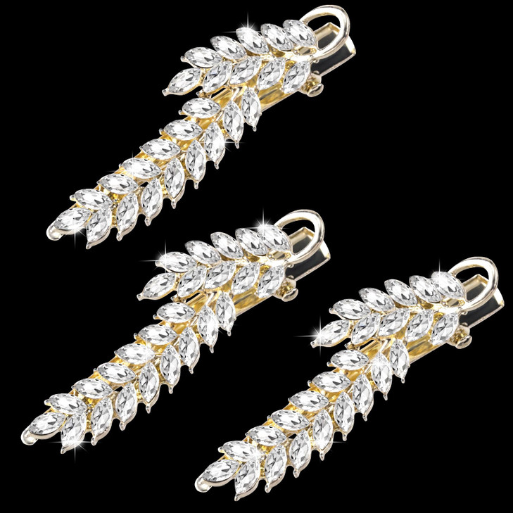 Isslly 3PCS Sparking Crystal Leaf Hair Clips, Clear Leaves Rhinestone Hair Barrettes for Women, Girls, French Hair Clips, Metal Hairpins Accessories