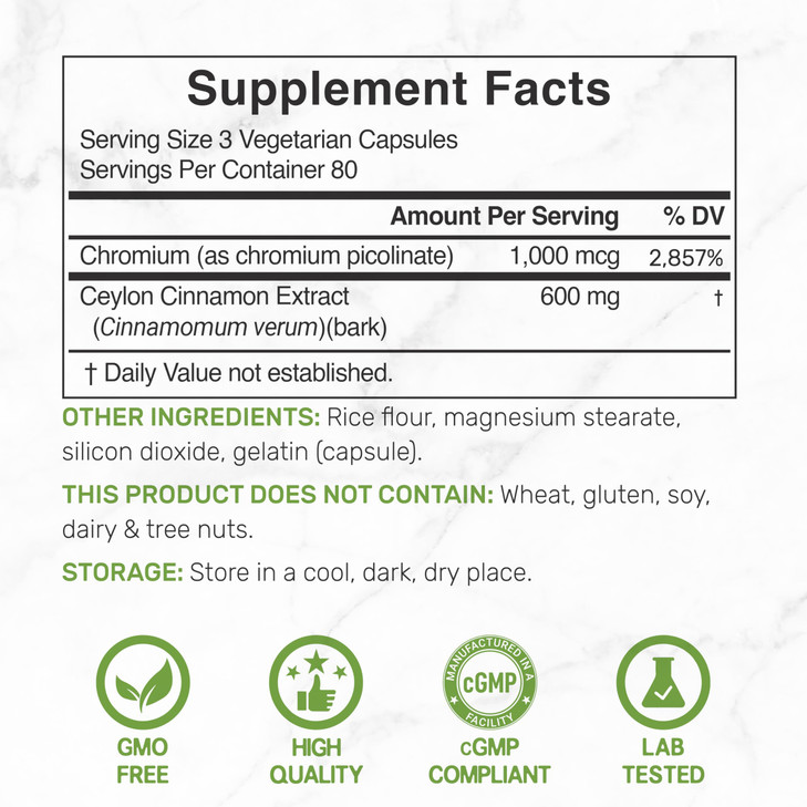 Ceylon Cinnamon with Chromium 1000mcg, 240 Capsules | Active Inner Bark Extract, True Sri Lanka Source | Natural Cinnamon Supplements