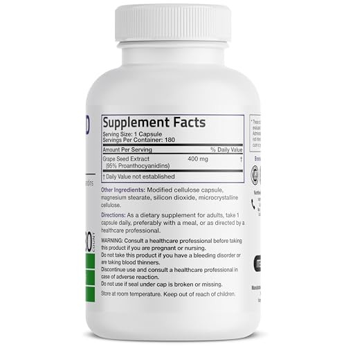 Bronson Grape Seed Extract 400 mg - Antioxidant & Immune Support - Standardized Extract with 95% Proanthocyanidins- Non GMO, 180 Vegetarian Capsules