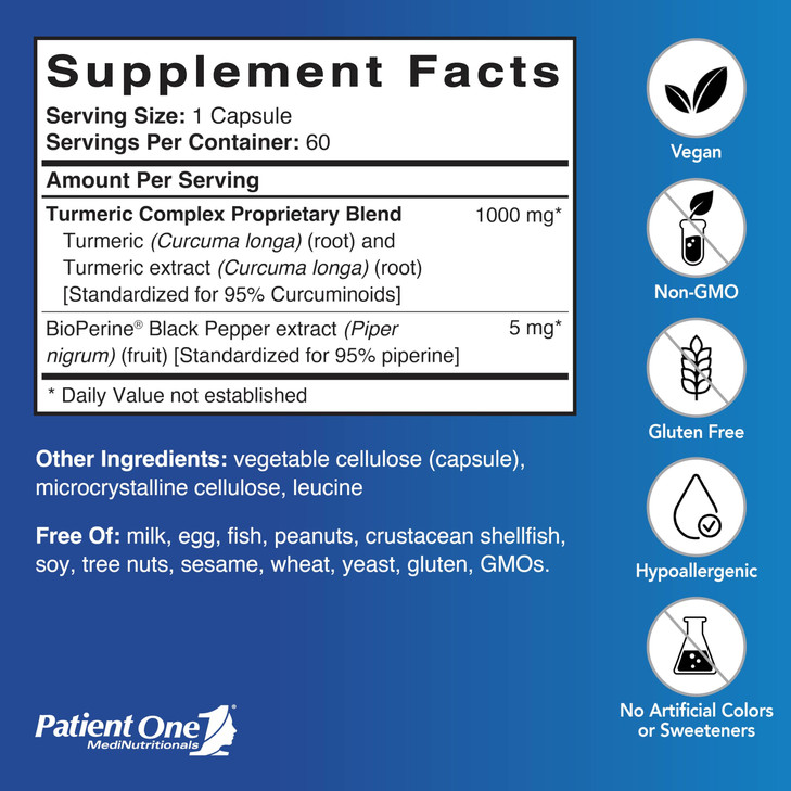 Patient One Turmeric Curcumin 1000 mg | Supplement to Support Healthy Inflammatory Response and More* | with Black Pepper Extract | 60 Capsules
