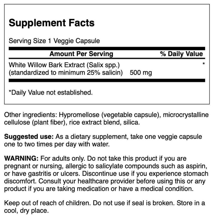 Swanson Maximum Strength White Willow Bark Extract-Promotes Joint Support & Muscle Relief-Standardized to 25% Salicin-Natural Supplement with No Stom