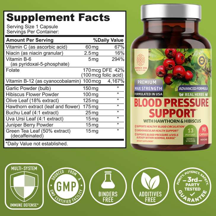 2-Pack N1N Premium Blood Pressure Support with Hawthorn and Hibiscus [13 Potent Ingredients], Natural Supplement to Support Blood Flow Health, 180 Ca