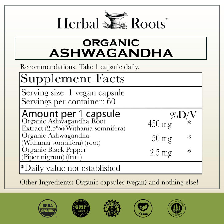 Herbal Roots Ashwagandha Capsules | Extra Strength 1,000mg per Serving | Ayurvedic for Overall Health for Men and Women | 60 Vegan Capsules