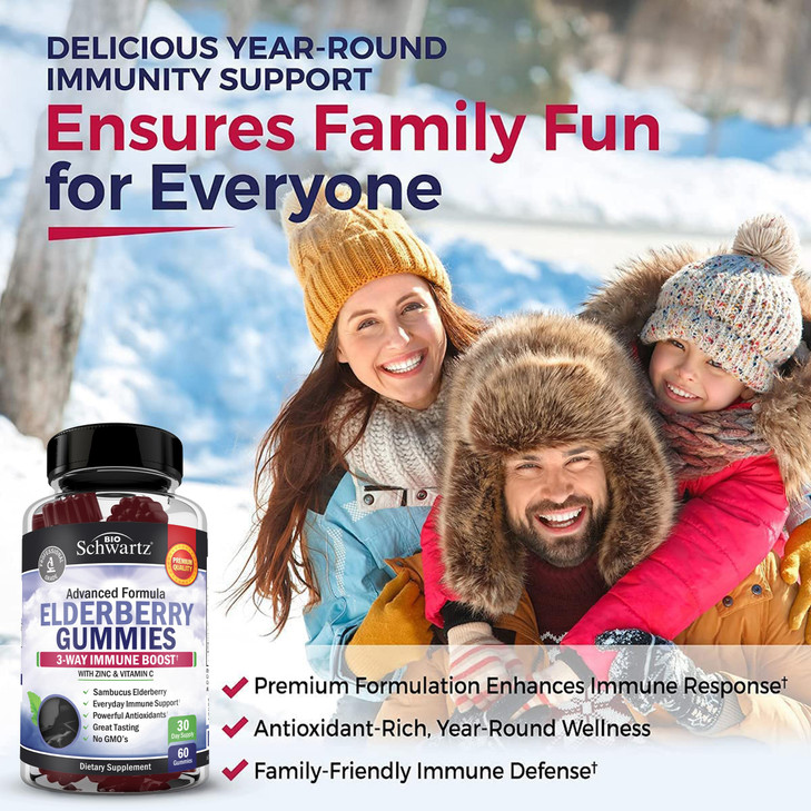 BioSchwartz Elderberry Gummies with Zinc and Vitamin C - Natural Immune Support for Adults & Kids - Black Sambucus Elderberries - Third-Party Tested,