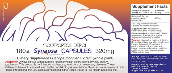 Nootropics Depot Synapsa Bacopa Monnieri Capsules | 320mg | 180 Count | Whole Plant Extract | Ayurvedic Herb | Adaptogen Supplement | to Enhance Lear