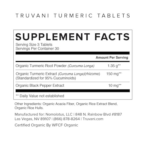 Truvani Organic Turmeric Curcumin Tablets 1,350 mg Each - Natural Joint Support with Black Pepper for Absorption - 90 Tablets