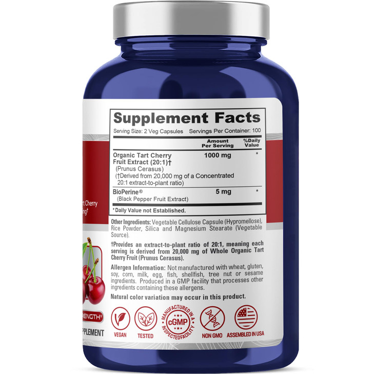 NusaPure Organic Tart Cherry 20:1 Extract, 1000 mg Equivalent to 20,000 mg 200 Veggie Caps (Vegan, Non-GMO) Bioperine