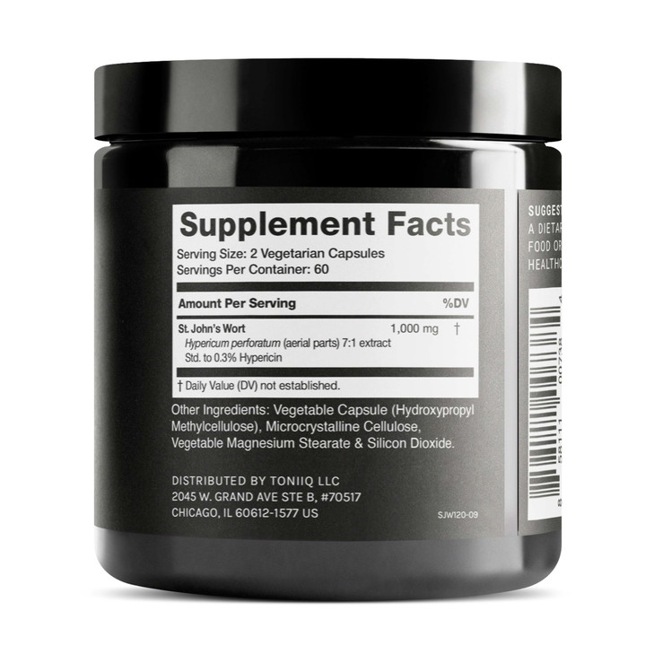 Toniiq 1,000mg Ultra High Strength St. John's Wort Capsules (Non-GMO) - 7X Concentrated Extract - 0.3% Hypericin - Highly Purified and Bioavailable -