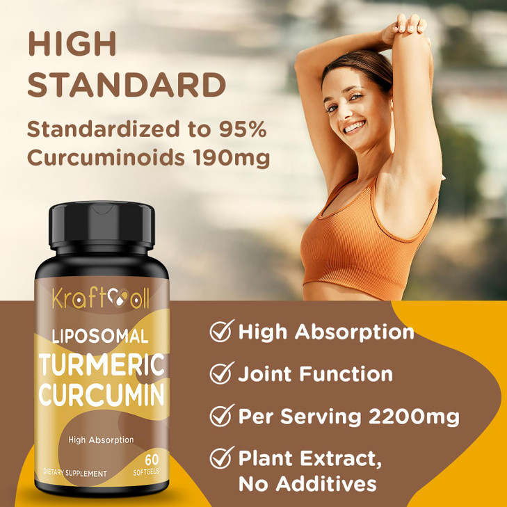 Liposomal Turmeric Curcumin Supplement 2200 mg with Black Pepper Extract 15 mg for High Absorption and Joint Function, 60 Softgels for Adults