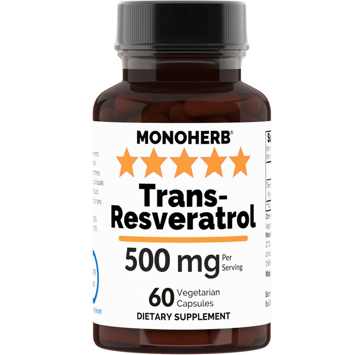 Trans Resveratrol 500 mg - 60 Veg Capsules | 250 mg per Capsule - Serving Size 2 Capsules: 500 mg - 30 Servings