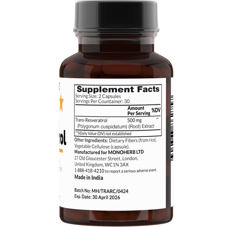 Trans Resveratrol 500 mg - 60 Veg Capsules | 250 mg per Capsule - Serving Size 2 Capsules: 500 mg - 30 Servings