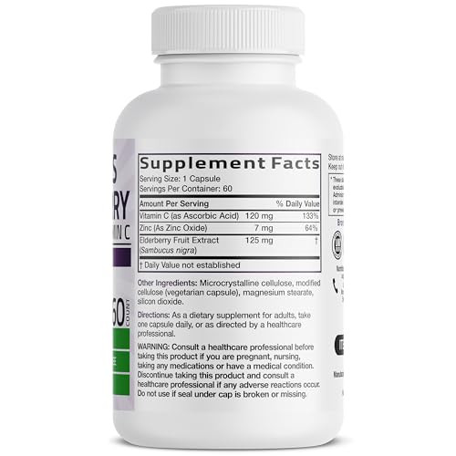 Bronson Sambucus Elderberry with Zinc & Vitamin C Triple Immune Support Complex Immune & Antioxidant Protection, Non-GMO, 60 Vegetarian Capsules