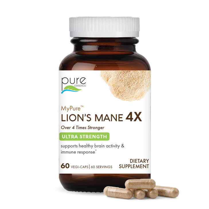 PURE ESSENCE LABS MyPure Lion's Mane 4X - Ultra Strength Brain Support Supplement with 6:1 Hot Water Extract & 10:1 Extract for Cognitive Health, Foc