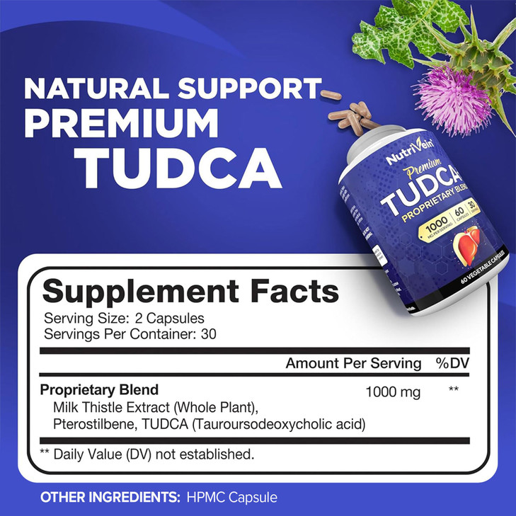 Nutrivein Premium TUDCA+ Liver Support Supplement 1000mg - 30 Day Supply (60 Caps): TUDCA Supplement Bile Salts for Liver Wellness