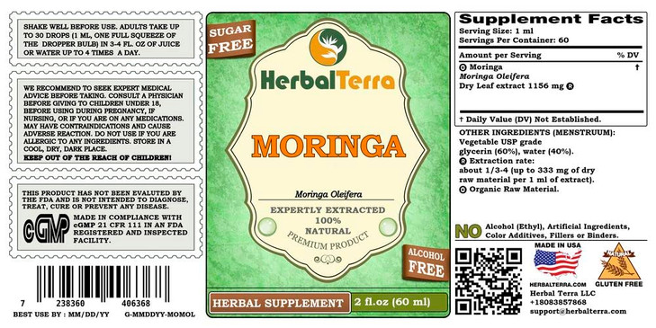 Herbal Terra LLC Moringa (Moringa Oleifera) Glycerite, Organic Dried Leaf Powder Alcohol-Free Liquid Extract 2 oz