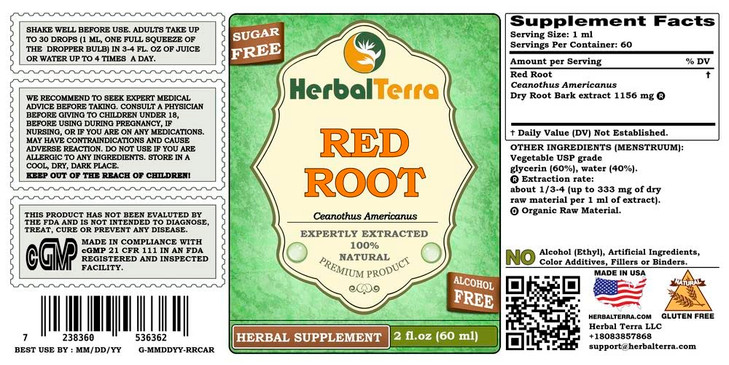 Herbal Terra LLC Red Root (Ceanothus Americanus) Glycerite, Dried Root Bark Alcohol-Free Liquid Extract 2 oz