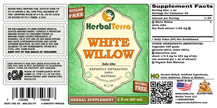 Herbal Terra LLC White Willow (Salix Alba) Glycerite, Organic Dried Bark Alcohol-Free Liquid Extract 2 oz