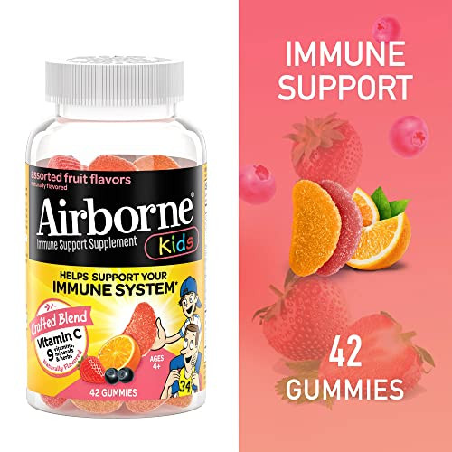 Airborne 500mg Vitamin C + Zinc Immune Support Supplement Gummies for Kids, Assorted Fruit Flavor, Gluten Free Crafted Blend with Powerful Antioxidan