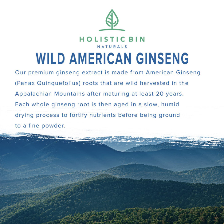 Holistic Bin Wild American Ginseng Powder Pure Organic Ginseng Supplement Made with Wild Harvested 20+ Year Old Roots from Appalachia (Panax Quinquef