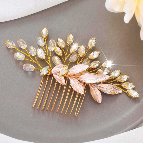 Latious Crystal Bride Wedding Hair Comb Gold Leaf Bridal Hair Piece Rhinestone Prom Hair Accessories for Women and Girls