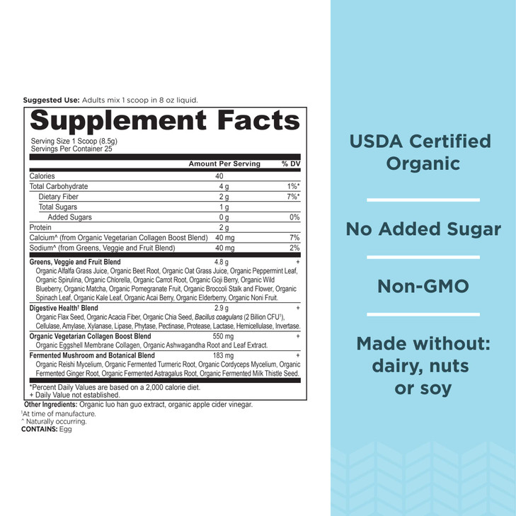 Ancient Nutrition Supergreens Powder, Organic Superfood Powder with Collagen, Made from Real Fruits, Vegetables and Herbs, for Digestive and Energy S