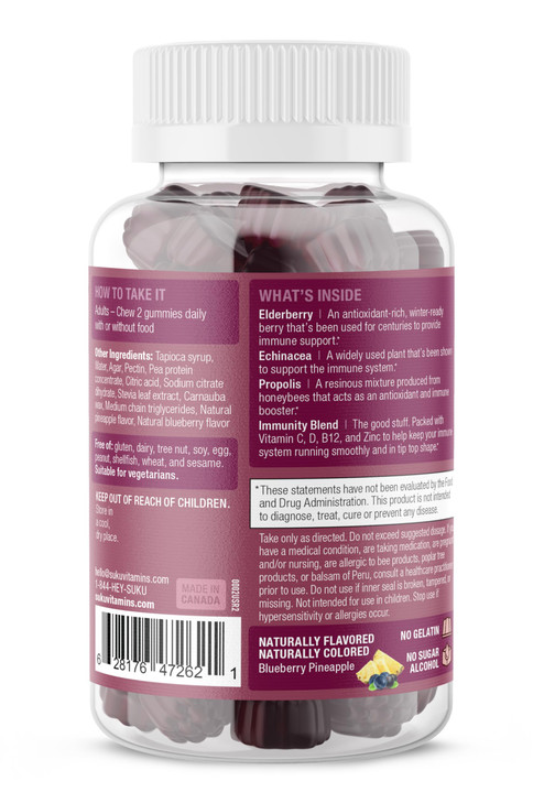 SUKU Vitamins - Ultimate Immunity - Elderberry Echinacea and Propolis Gummies for Immune Support, Easy to Chew - Non GMO, Gluten Sugar Free - Pomegra
