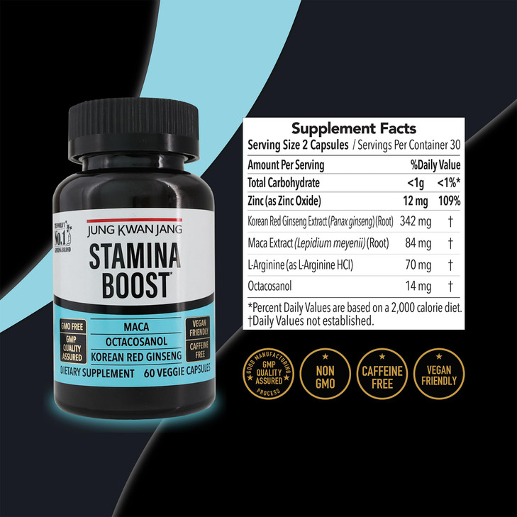 JUNG KWAN JANG Men's Stamina Boost with Korean Red Ginseng, Maca, and Octacosanol for Men's Health and Energy Supplement, 60 Capsules