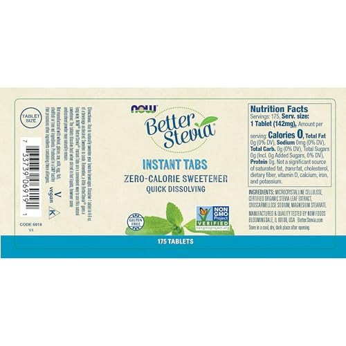 NOW Foods, Better Stevia Instant Tabs, Zero-Calorie Sweetener, Certified Non-GMO, Gluten-Free, 175 Tablets