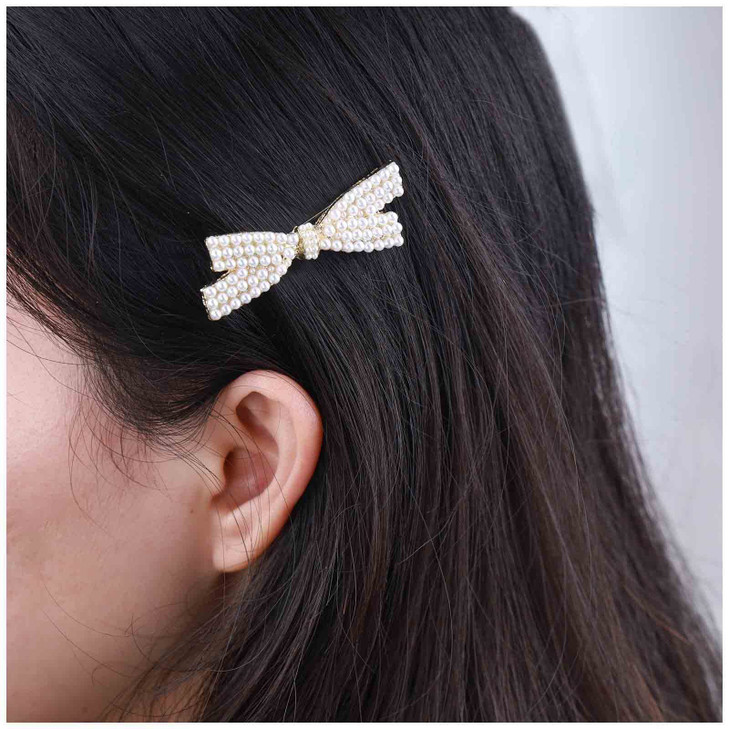 Yheakne Vintage Pearl Hair Clip Bow Hair Pin Clip Gold Pearl Hair Barrette Pin Bowknot Head Clip Headwear Decorative Headpieces Hair Accessories for
