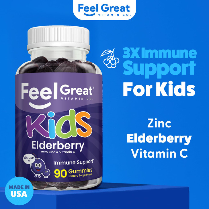 Feel Great Vitamin Co. Elderberry Gummies for Kids | Immune Support | Natural Antioxidant Immune Booster | with Vitamin C and Zinc | Gluten Free & Ve