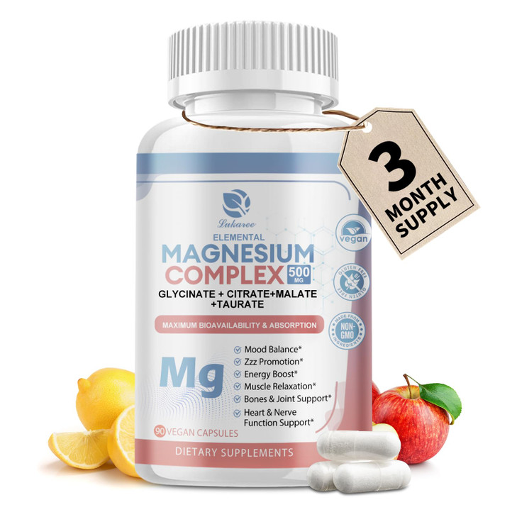 Magnesium Supplement 500mg, Magnesium Glycinate, Malate, Taurate, Citrate Complex & Herbal Extracts, High Absorption Chelated 90 Vegan Non-GMO Capsul