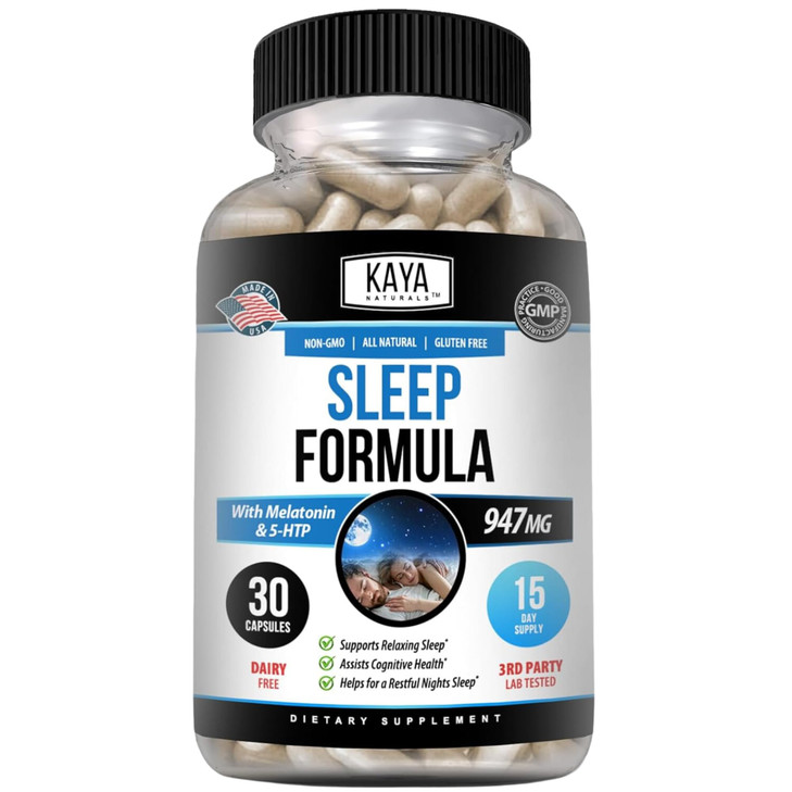 Kaya Naturals - Sleep Support Formula with Melatonin - Aid Support Vitamin Supplement - Sleep Stress and Mood Support - L-Tryptophan, Passion Flower,
