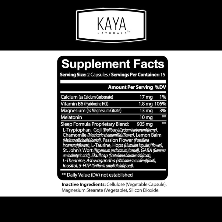 Kaya Naturals - Sleep Support Formula with Melatonin - Aid Support Vitamin Supplement - Sleep Stress and Mood Support - L-Tryptophan, Passion Flower,
