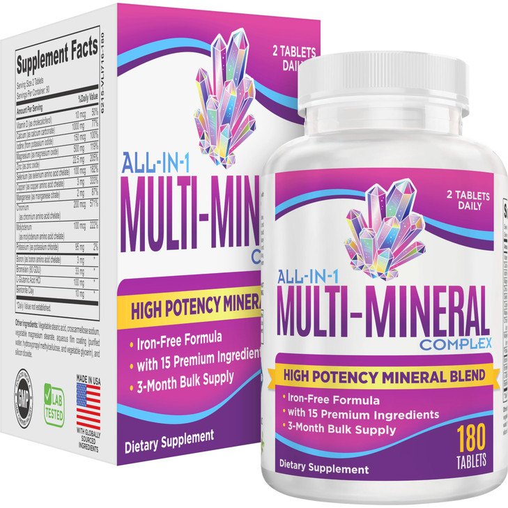 3-Month Multimineral Supplement 15-in-1 (Iron Free Formula) | Multi Minerals Complex | 90-Day Bulk Supply Multiminerals | 180 Tablets
