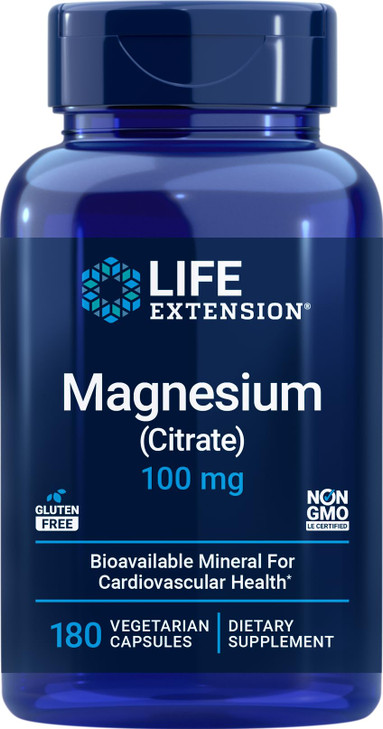 Life Extension Magnesium Citrate 100mg, 180 Veg Caps - Natural Mag Supplement - 100 mg Mineral Support Capsules - Vegetarian, Non-GMO