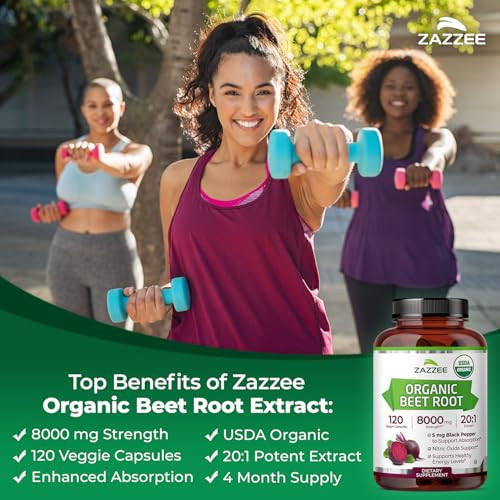 Zazzee USDA Organic Beet Root 8000 mg Strength 20:1 Extract, 120 Vegan Quick Release Capsules, Kosher, Supports Nitric Oxide Production, Black Pepper