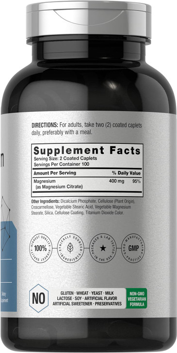 Horbäach Magnesium Citrate | 400mg | 200 Caplets | Vegetarian, Non-GMO, and Gluten Free Supplement