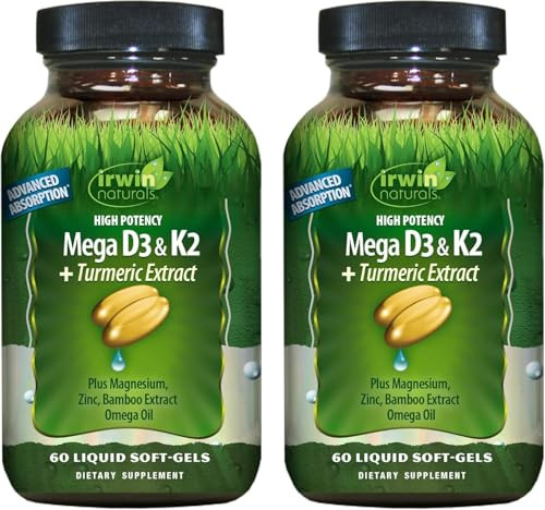 Irwin Naturals High Potency Mega D3 & K2 + Turmeric Extract  60 Liquid Soft-Gels - 2 Pack