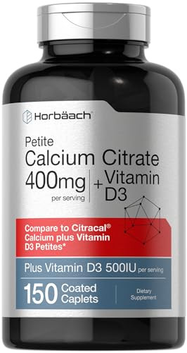 Horbaach Calcium Citrate 400mg with Vitamin D3 | 150 Petite Coated Caplets | Supplement for Men and Women | Vegetarian, Non-GMO & Gluten Free