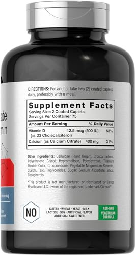 Horbaach Calcium Citrate 400mg with Vitamin D3 | 150 Petite Coated Caplets | Supplement for Men and Women | Vegetarian, Non-GMO & Gluten Free