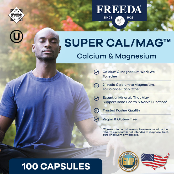 Freeda Super Cal/Mag  Kosher Vegan Bone Health Supplement  Supports Bone Strength, Nerve Function & Muscle Relaxation  Vegetarian Calcium Magnesiu