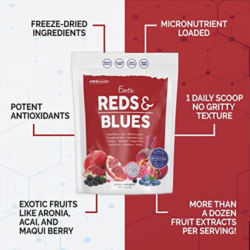PEScience Exotic Reds & Blues, Red Superfoods Powder with Myo-Inositol, Beet Root Powder, Pomegranate and Acai Extract, Freeze-Dried Antioxidant Frui