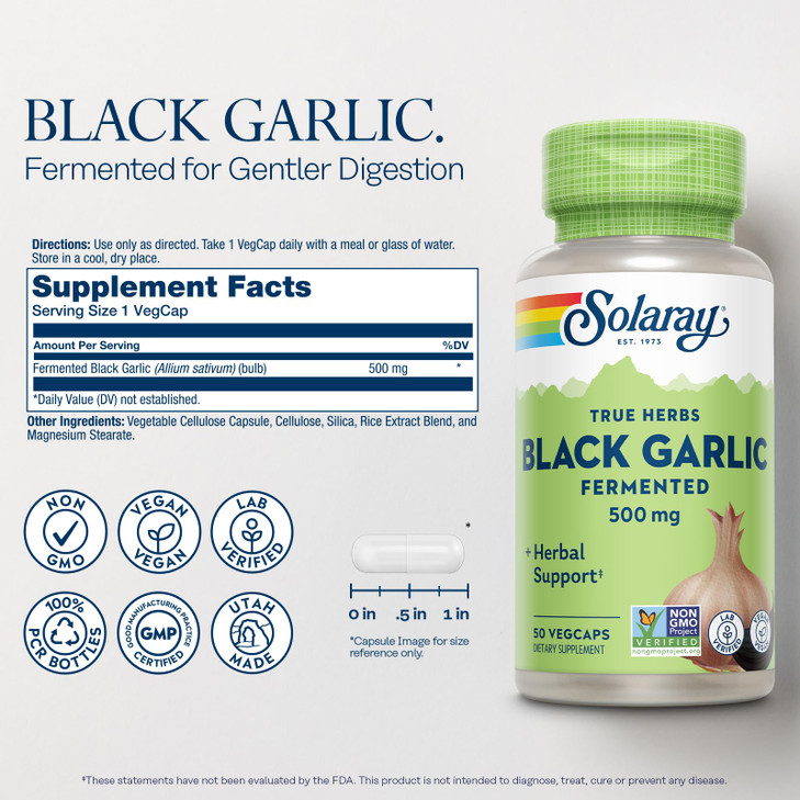 SOLARAY Black Garlic 500 mg - Fermented for Easier Digestion and Mellow Aftertaste - Antioxidant Garlic Supplements - Non-GMO, Vegan, Lab Verified -